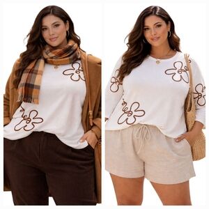 MADISON Floral Applique Lightweight Sweater Boho Artsy Neutral - 3X